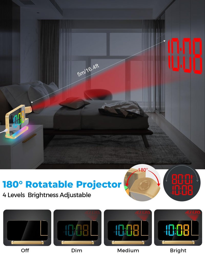 SZELAM Projection Alarm Clock 7.4"" LED Mirror Digital Clocks Large Display with 180 Rotatable Projector RGB Night Light USB C Port Auto Dimmer  Loud Desk Clock for Heavy Sleeper Bedroom - Gold - Image 5
